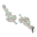 Rhodium Plated Silver Toned Sea Green American Diamond Studded Maang Tikka With Earring
