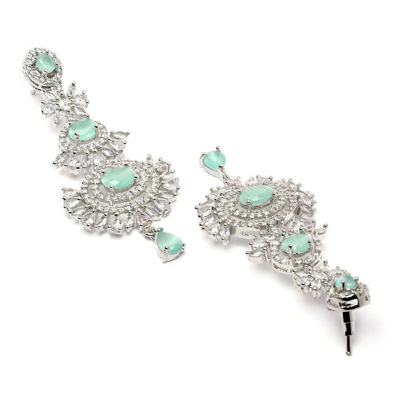 Rhodium Plated Silver Toned Sea Green American Diamond Studded Maang Tikka With Earring