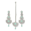 Rhodium Plated Silver Toned Sea Green American Diamond Studded Maang Tikka With Earring