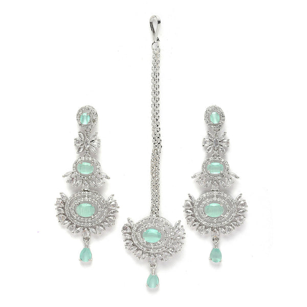 Rhodium Plated Silver Toned Sea Green American Diamond Studded Maang Tikka With Earring