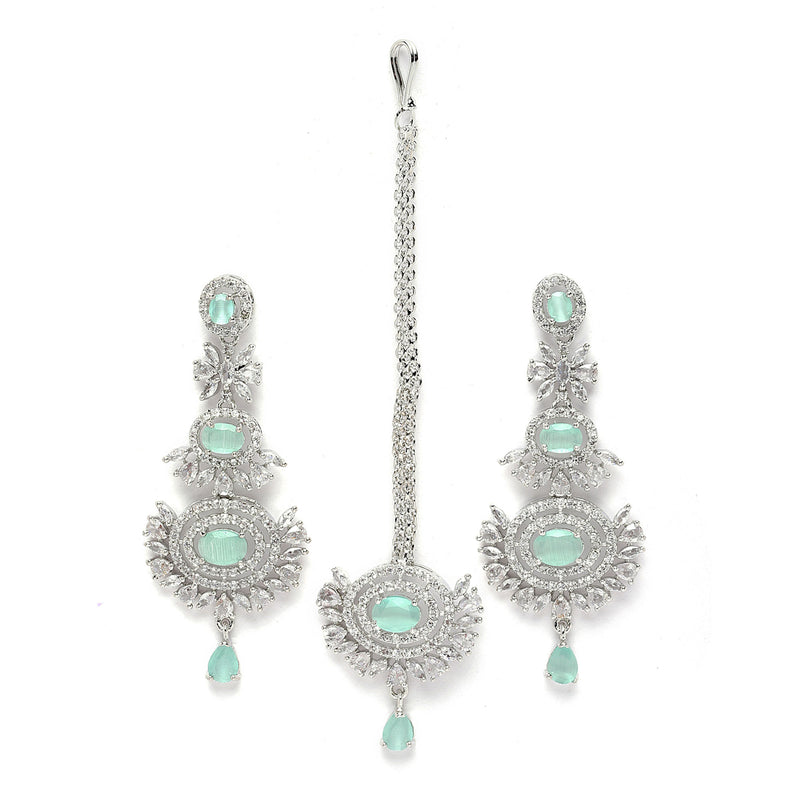 Rhodium Plated Silver Toned Sea Green American Diamond Studded Maang Tikka With Earring