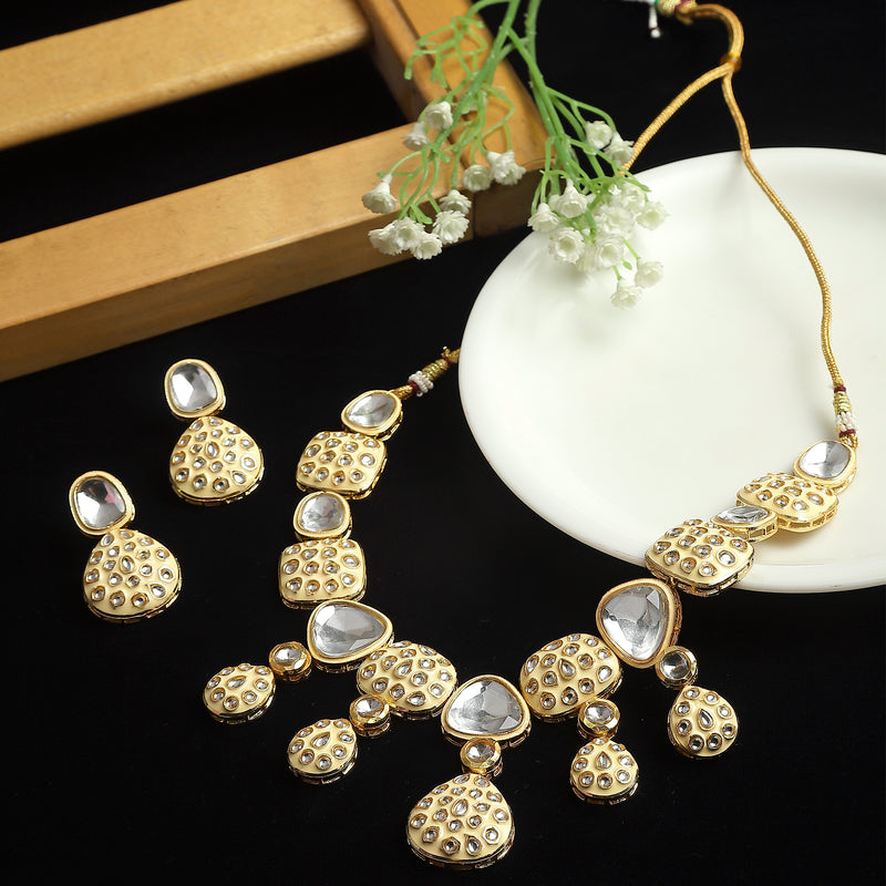 Gold-Plated Kundan Studded Yellow Enamelled Necklace With Earrings Jewellery Set