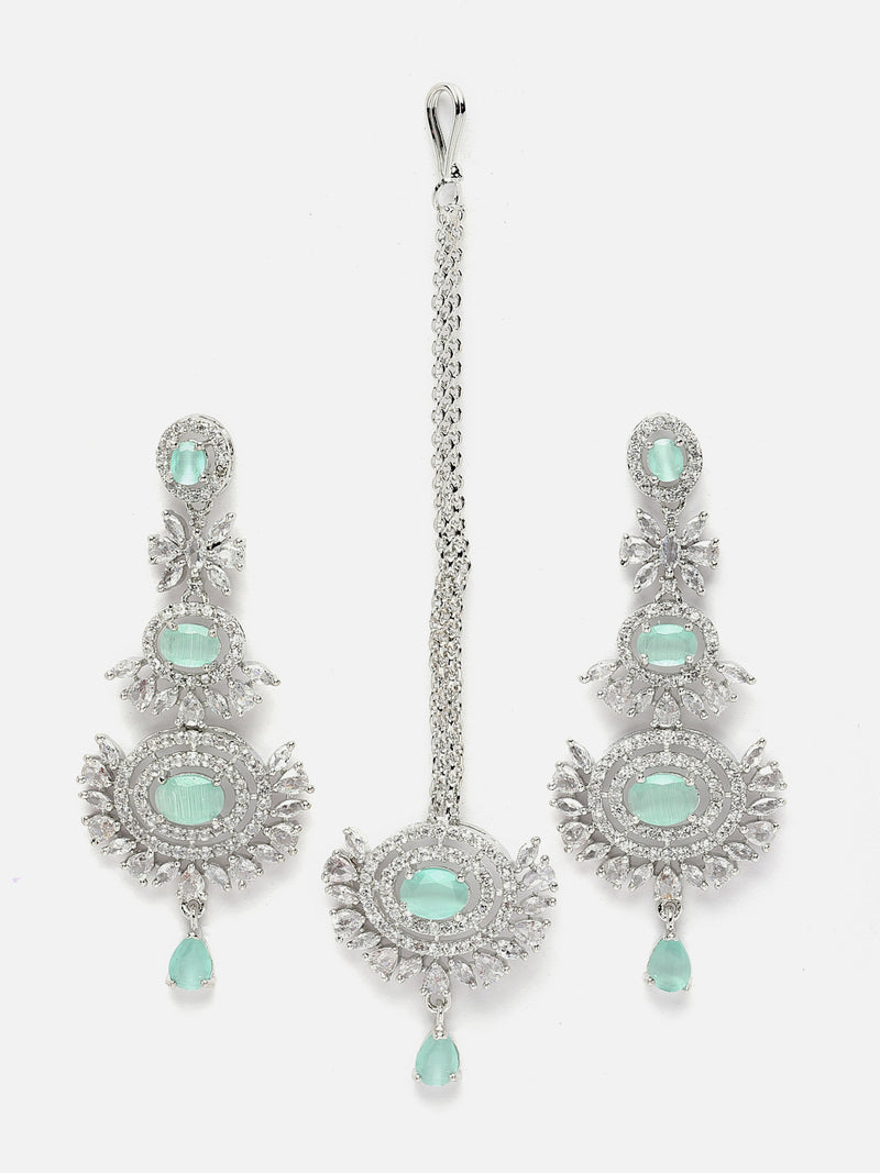 Rhodium-Plated Silver Toned Sea Green & White American Diamond studded Maang Tikka with Dangle Drop Earrings