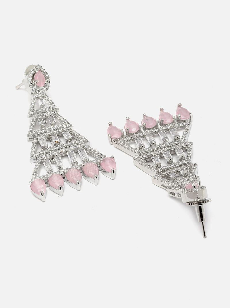 Rhodium-Plated Silver Toned Pink & White American Diamond studded Triangular Shaped Drop Earrings