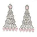 Rhodium-Plated Silver Toned Pink & White American Diamond studded Triangular Shaped Drop Earrings