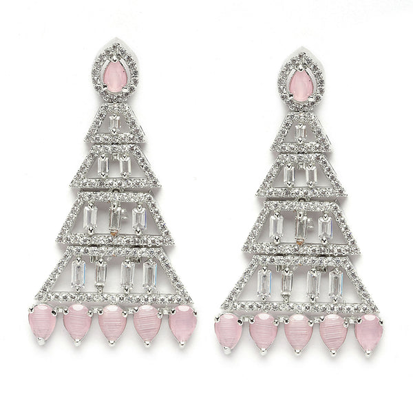 Rhodium-Plated Silver Toned Pink & White American Diamond studded Triangular Shaped Drop Earrings