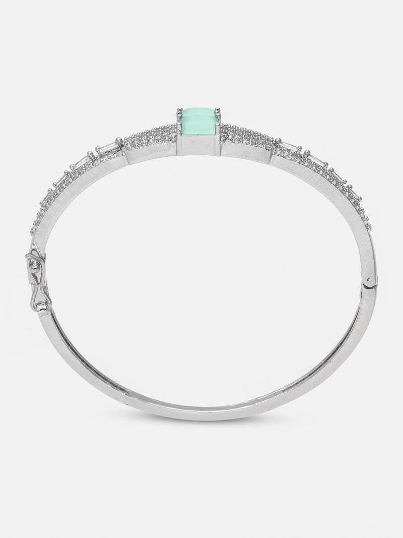 Rhodium-Plated Sea Green Square Shape American Diamond Studded Kada Bracelet