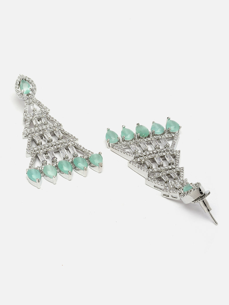 Rhodium-Plated Silver Toned Sea Green & White American Diamond studded Triangular Shaped Drop Earrings