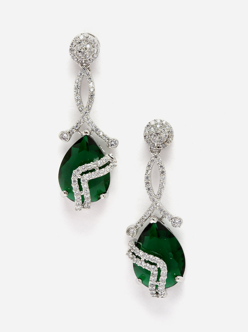Rhodium-Plated Green & White American Diamond studded Trardrop Shaped Drop Earrings