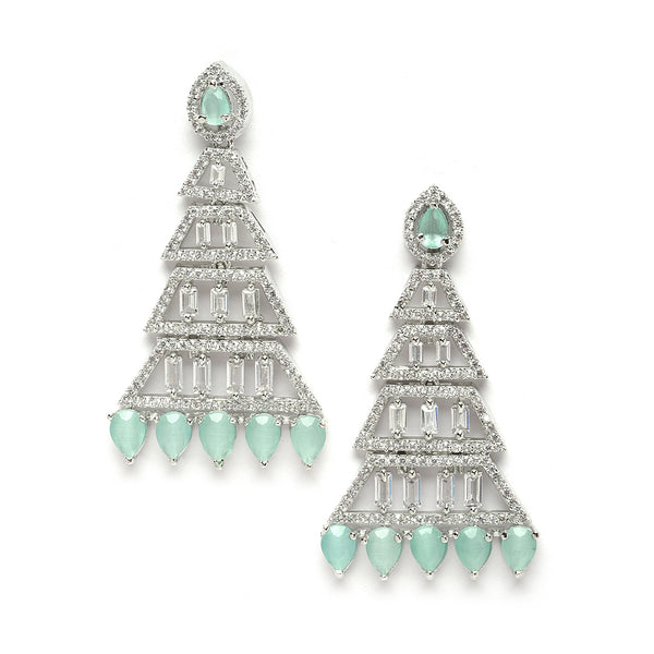 Rhodium-Plated Silver Toned Sea Green & White American Diamond studded Triangular Shaped Drop Earrings