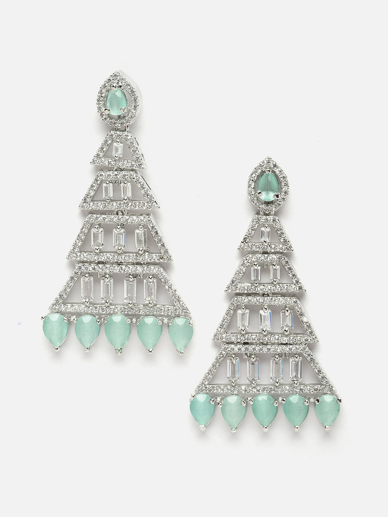Rhodium-Plated Silver Toned Sea Green & White American Diamond studded Triangular Shaped Drop Earrings