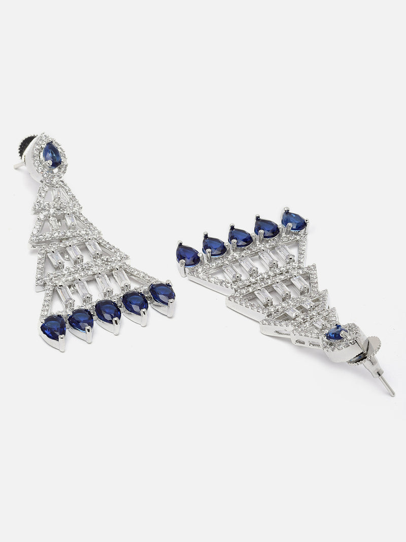 Rhodium-Plated Silver Toned Navy Blue & White American Diamond studded Triangular Shaped Drop Earrings