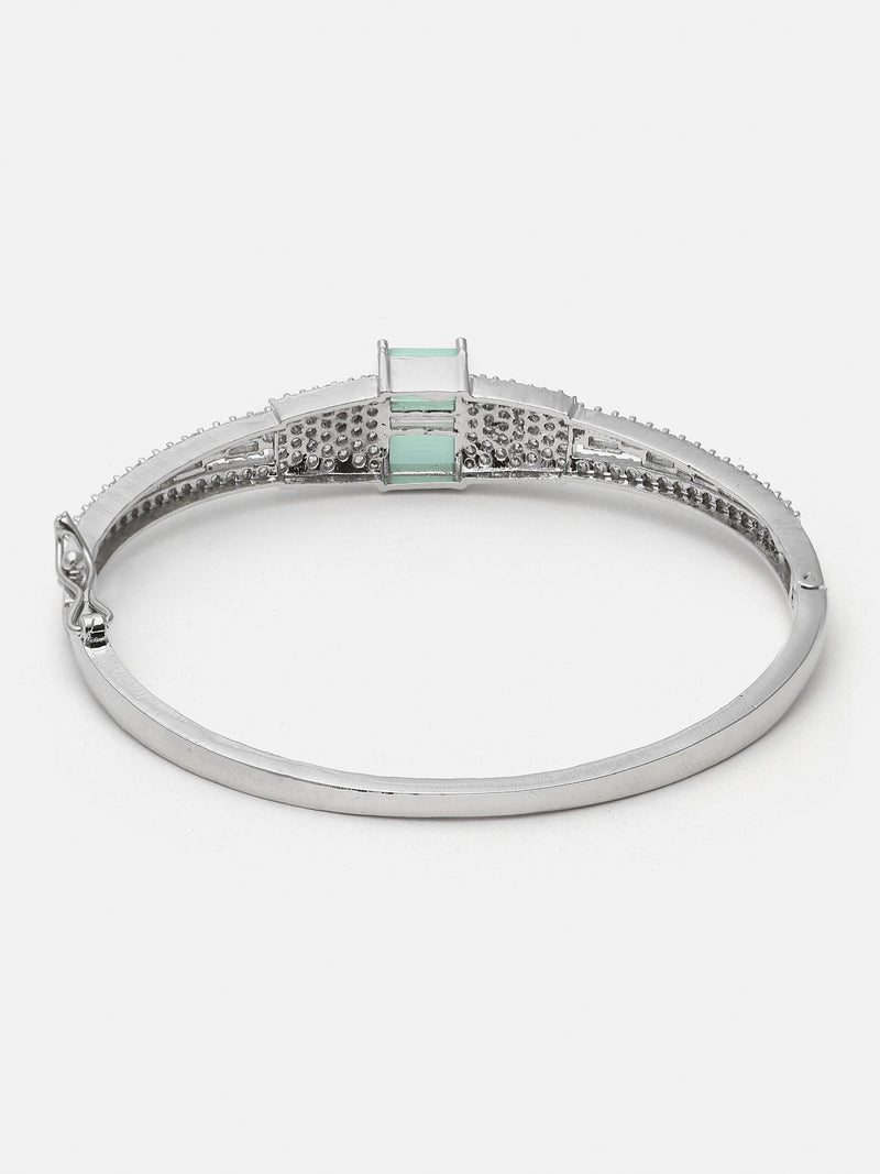 Rhodium-Plated Sea Green Square Shape American Diamond Studded Kada Bracelet
