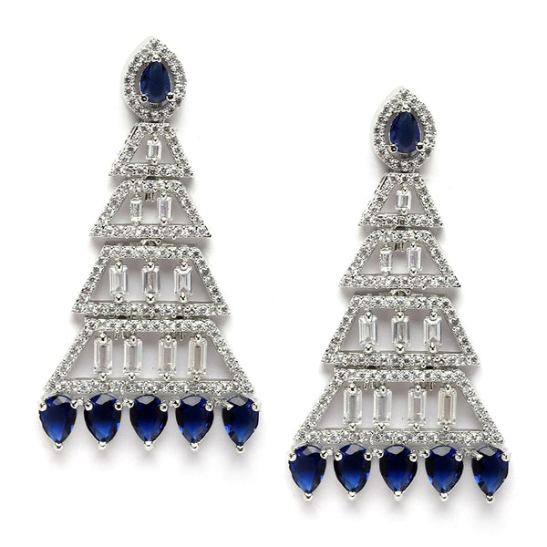 Rhodium-Plated Silver Toned Navy Blue & White American Diamond studded Triangular Shaped Drop Earrings