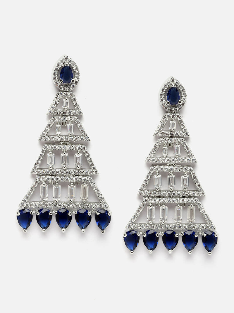 Rhodium-Plated Silver Toned Navy Blue & White American Diamond studded Triangular Shaped Drop Earrings