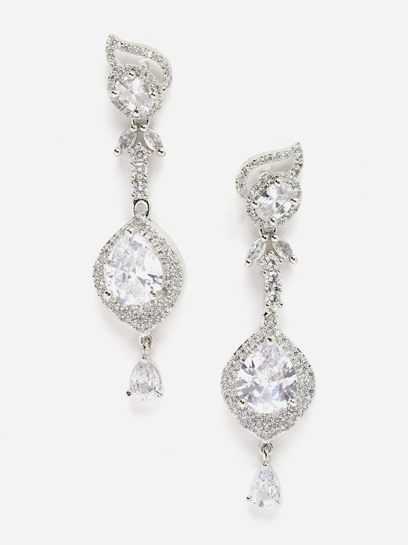Rhodium-Plated White American Diamond studded Handcrafted Teardrop Drop Earrings