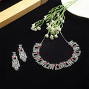 Rhodium-Plated Red & White American Diamonds Studded Squarish Shaped Necklace & Earrings Jewellery Set
