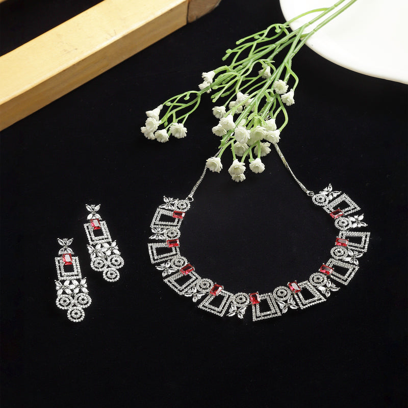 Rhodium-Plated Red & White American Diamonds Studded Squarish Shaped Necklace & Earrings Jewellery Set