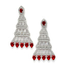 Rhodium-Plated Silver Toned Red & White American Diamond studded Triangular Shaped Drop Earrings
