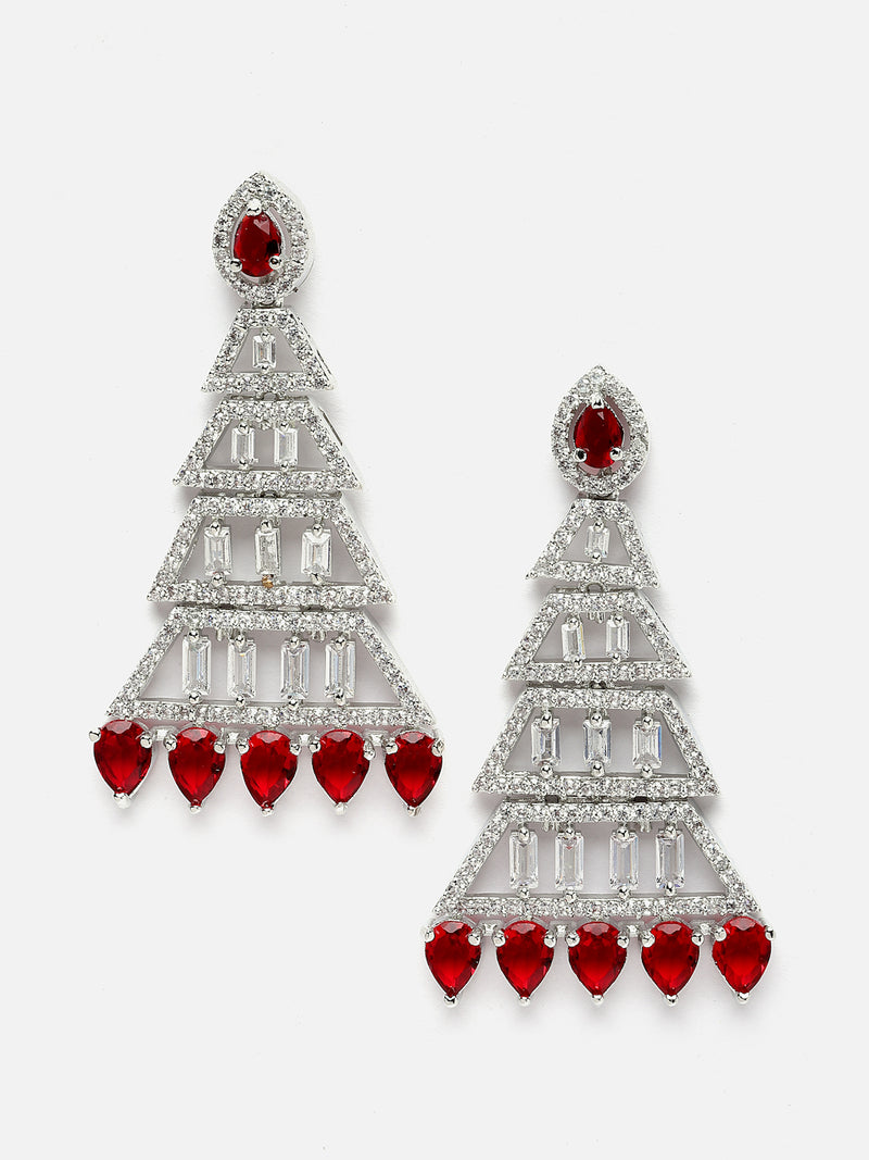 Rhodium-Plated Silver Toned Red & White American Diamond studded Triangular Shaped Drop Earrings