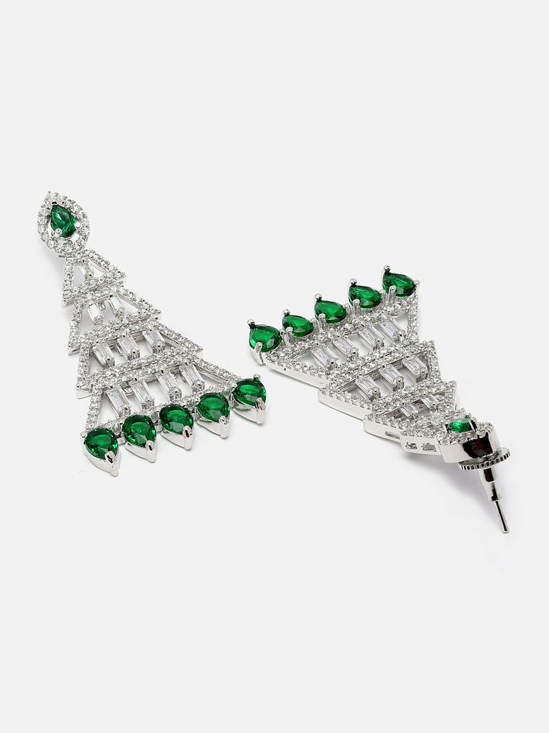 Rhodium-Plated Silver Toned Green & White American Diamond studded Triangular Shaped Drop Earrings