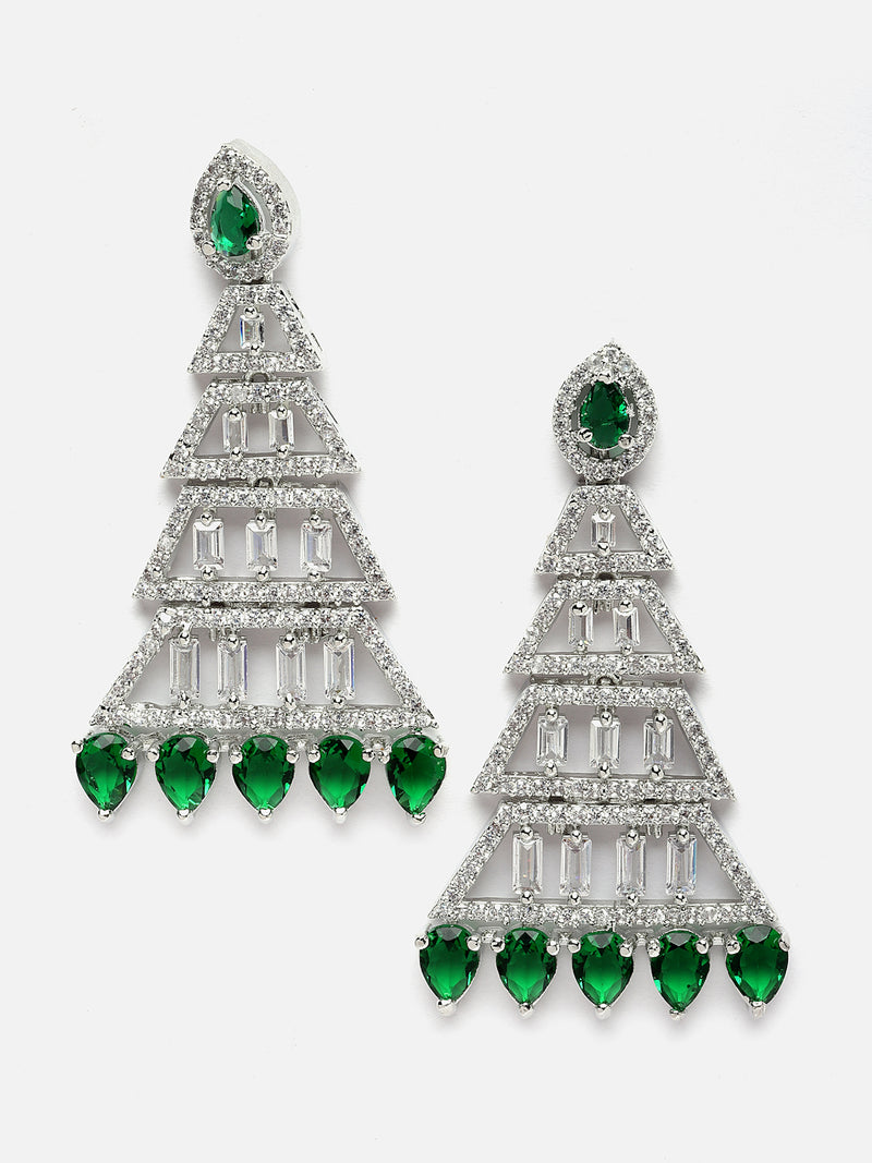 Rhodium-Plated Silver Toned Green & White American Diamond studded Triangular Shaped Drop Earrings