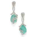 Rhodium-Plated Sea Green & White American Diamond studded Trardrop Shaped Drop Earrings