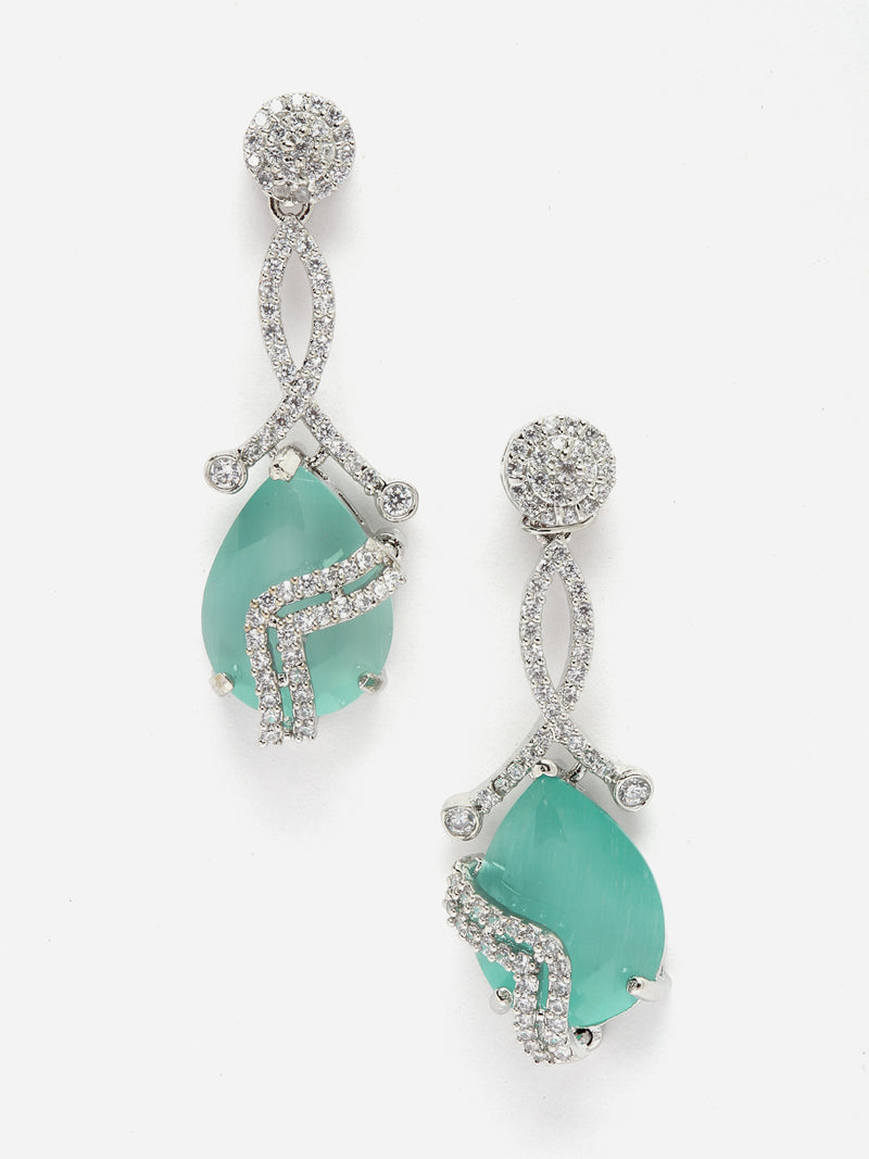 Rhodium-Plated Sea Green & White American Diamond studded Trardrop Shaped Drop Earrings