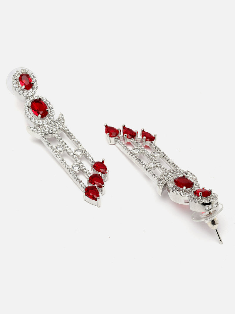 Rhodium-Plated Silver Toned Red & White American Diamond studded Crescent Shaped Drop Earrings