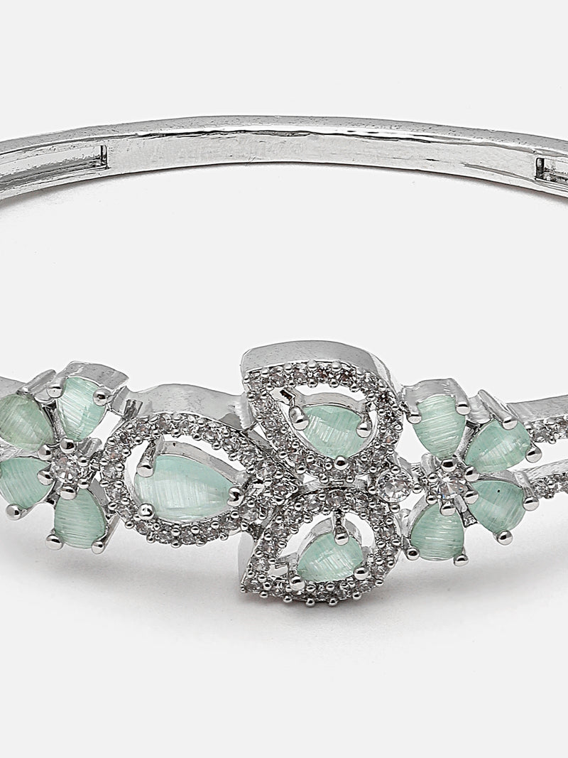 Rhodium-Plated Sea Green American Diamond Studded Leaf Shaped Kada Bracelet