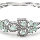 Rhodium-Plated Silver Toned Leaf Shaped Sea Green American Diamond Studded Bracelet