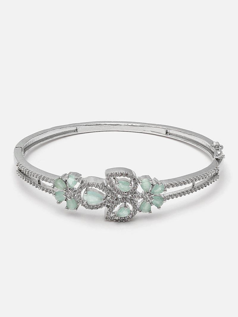 Rhodium-Plated Sea Green American Diamond Studded Leaf Shaped Kada Bracelet