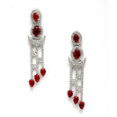 Rhodium-Plated Silver Toned Red & White American Diamond studded Crescent Shaped Drop Earrings