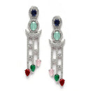 Rhodium-Plated Silver Toned Multi-Colour American Diamond studded Crescent Shaped Drop Earrings