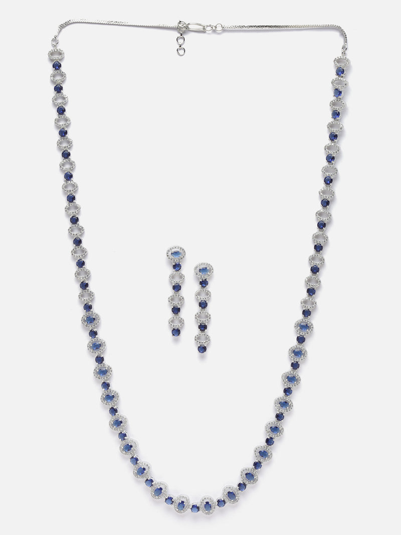 Rhodium-Plated Silver Toned Oval Navy Blue American Diamond Long Necklace with Earrings Jewellery Set