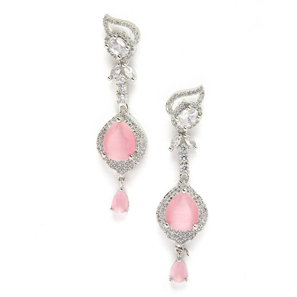 Rhodium-Plated Pink & White American Diamond studded Handcrafted Teardrop Drop Earrings