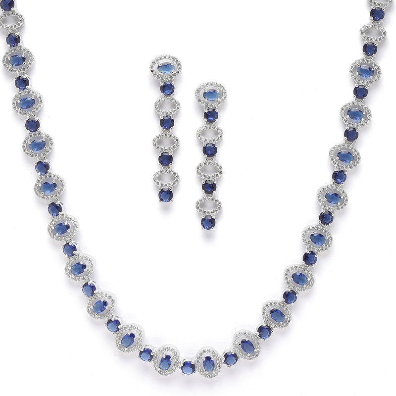 Rhodium-Plated Silver Toned Oval Navy Blue American Diamond Long Necklace with Earrings Jewellery Set