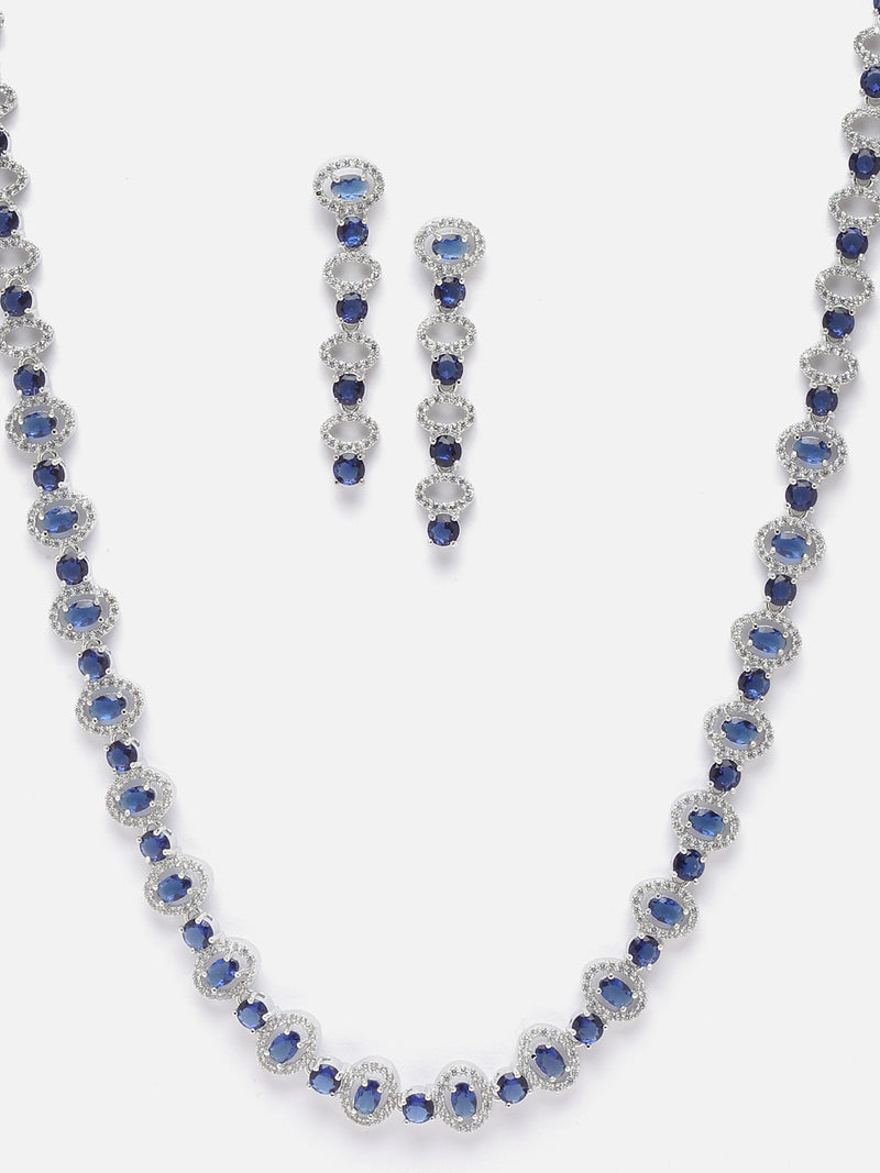 Rhodium-Plated Silver Toned Oval Navy Blue American Diamond Long Necklace with Earrings Jewellery Set