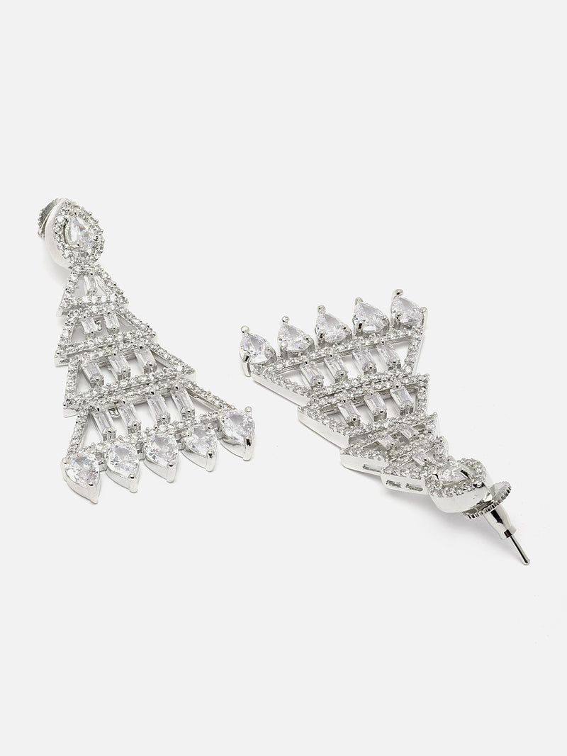 Rhodium-Plated Silver Toned White American Diamond studded Triangular Shaped Drop Earrings