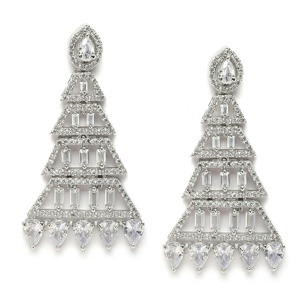 Rhodium-Plated Silver Toned White American Diamond studded Triangular Shaped Drop Earrings