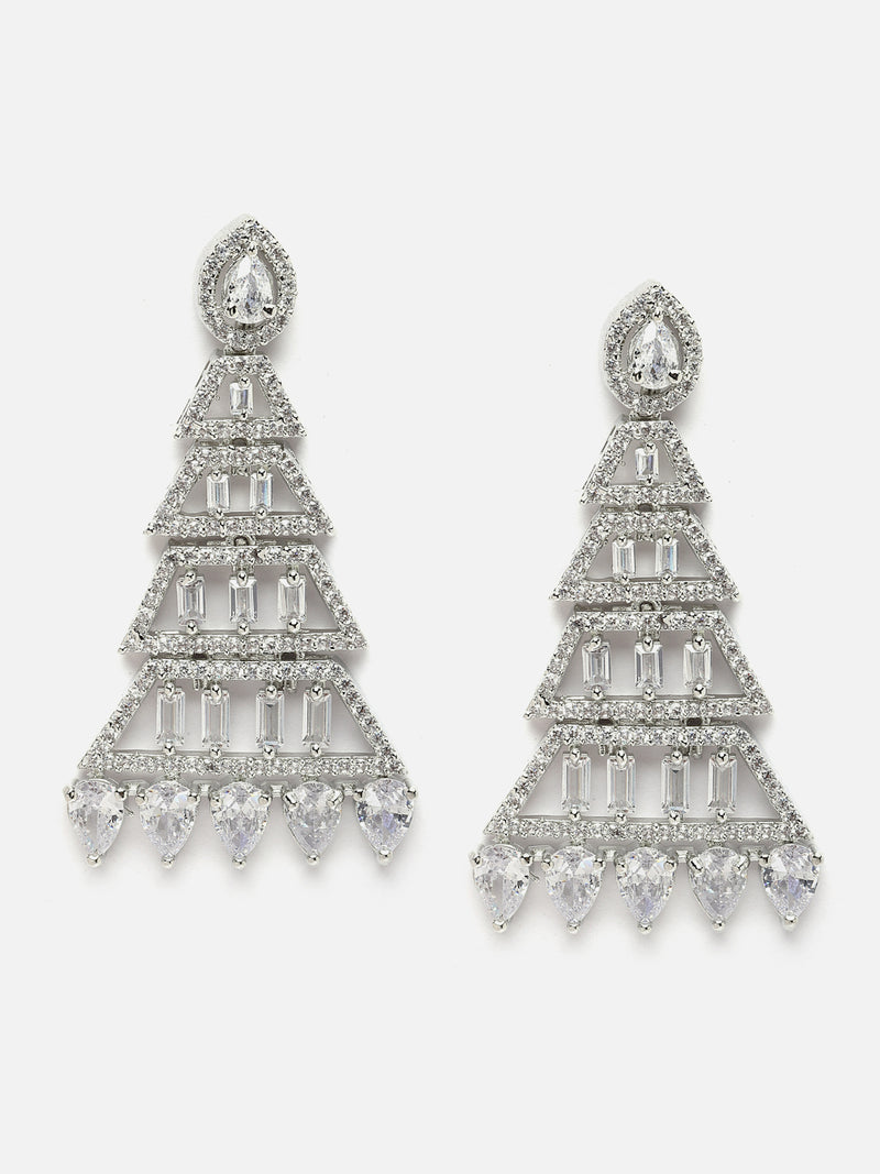 Rhodium-Plated Silver Toned White American Diamond studded Triangular Shaped Drop Earrings