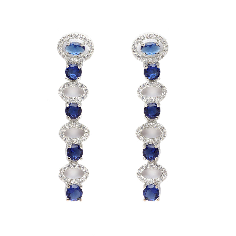 Rhodium-Plated Silver Toned Oval Navy Blue American Diamond Long Necklace with Earrings Jewellery Set