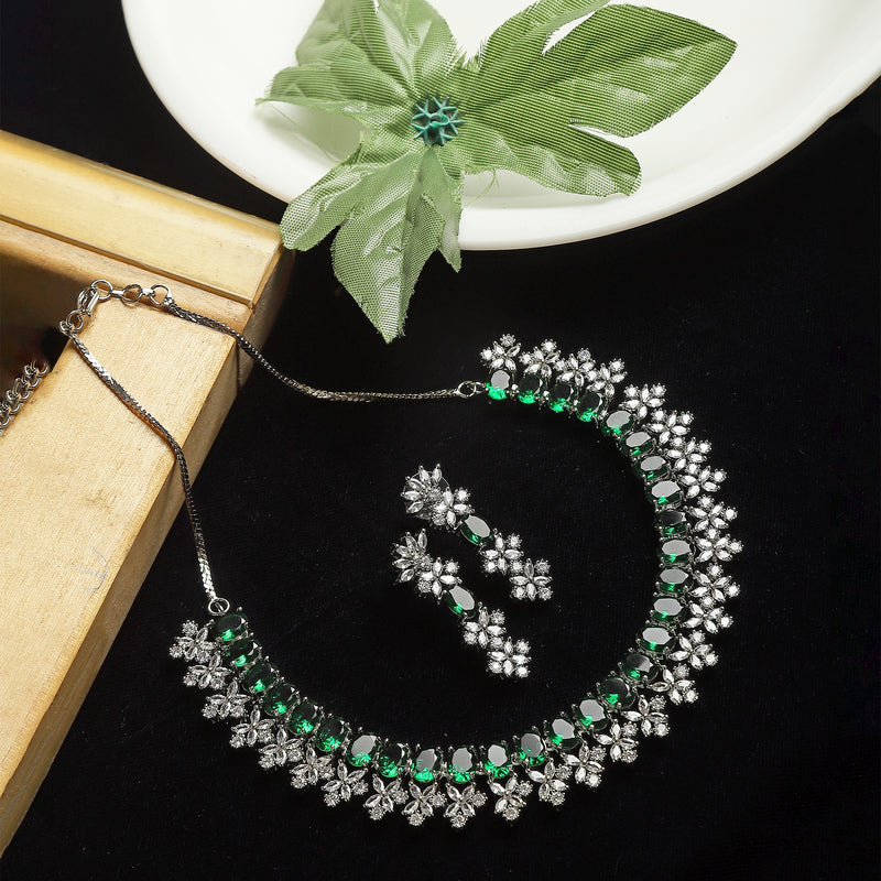 Rhodium-Plated Green American Diamonds Studded Wacky Necklace & Earrings Jewellery Set