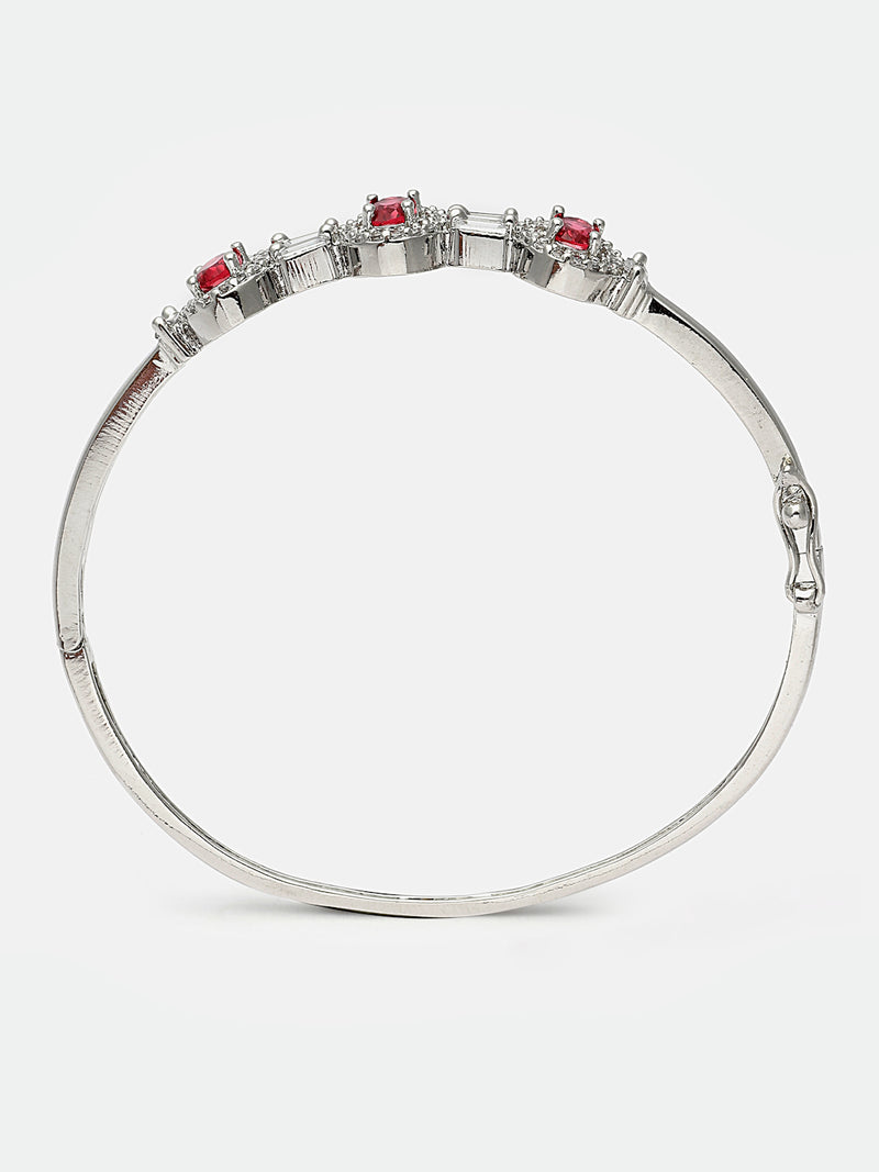 Rhodium-Plated Red Oval Shape American Diamond Studded Kada Bracelet