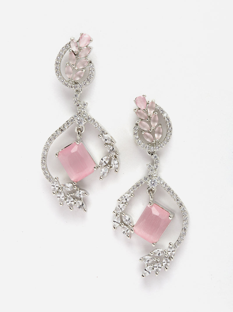 Rhodium-Plated Pink American Diamond studded Square & Leaf Shaped Drop Earrings