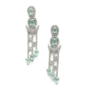 Rhodium-Plated Silver Toned Sea Green & White American Diamond studded Crescent Shaped Drop Earrings