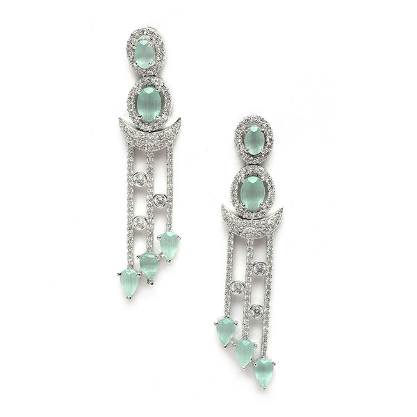 Rhodium-Plated Silver Toned Sea Green & White American Diamond studded Crescent Shaped Drop Earrings