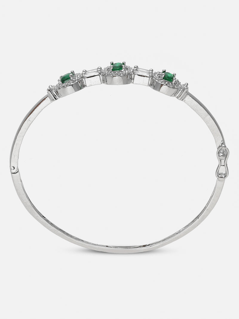 Rhodium-Plated Green Oval Shape American Diamond Studded Kada Bracelet