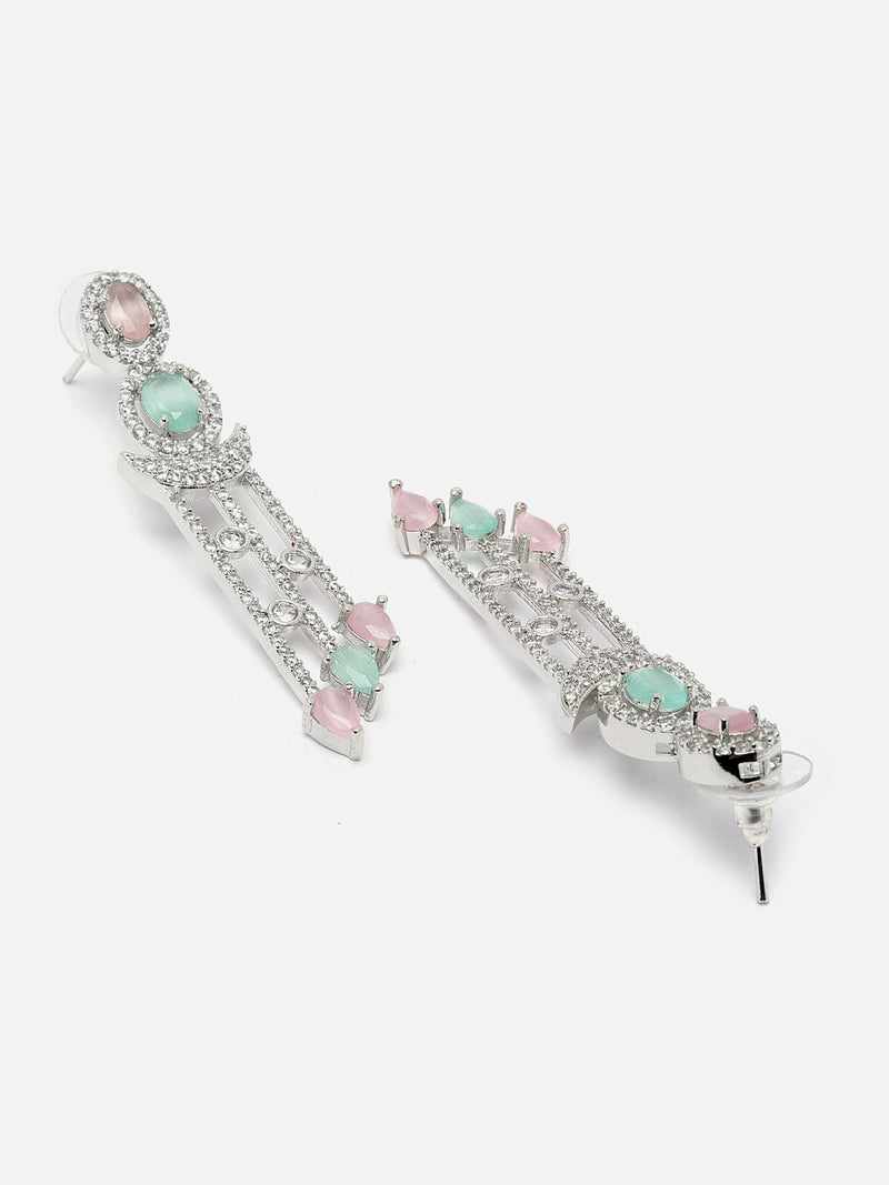 Rhodium-Plated Silver Toned Lime Green & Pink American Diamond studded Crescent Shaped Drop Earrings