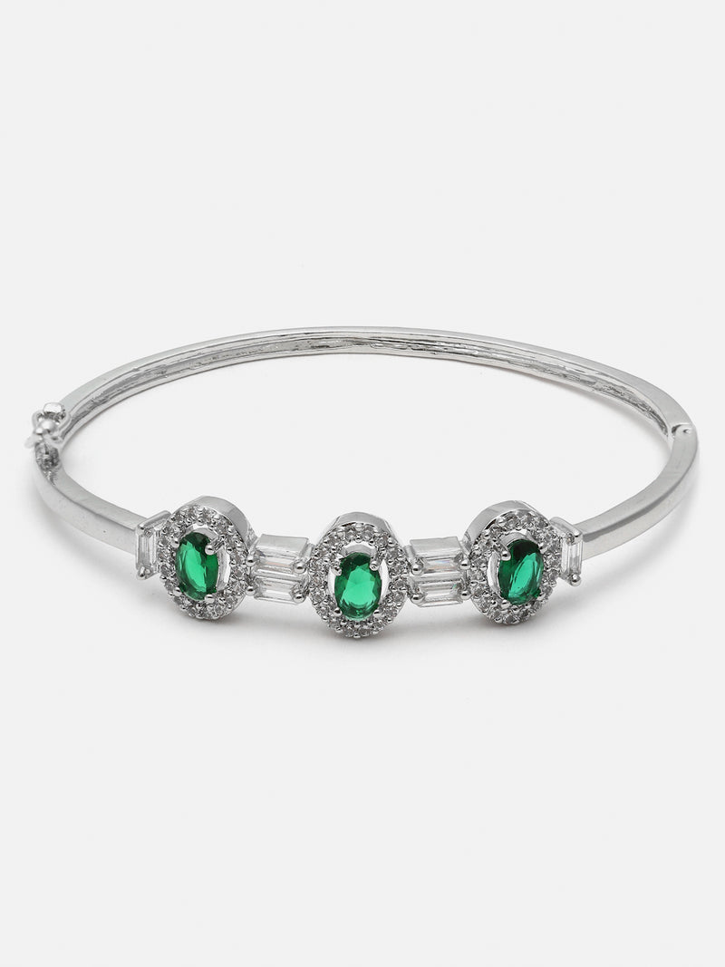 Rhodium-Plated Green Oval Shape American Diamond Studded Kada Bracelet